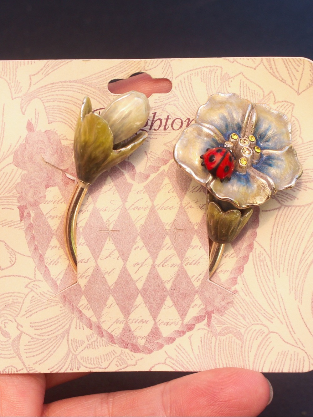 Brighton Floral Enamel Brooch Set with Blue Petals and Red Ladybug